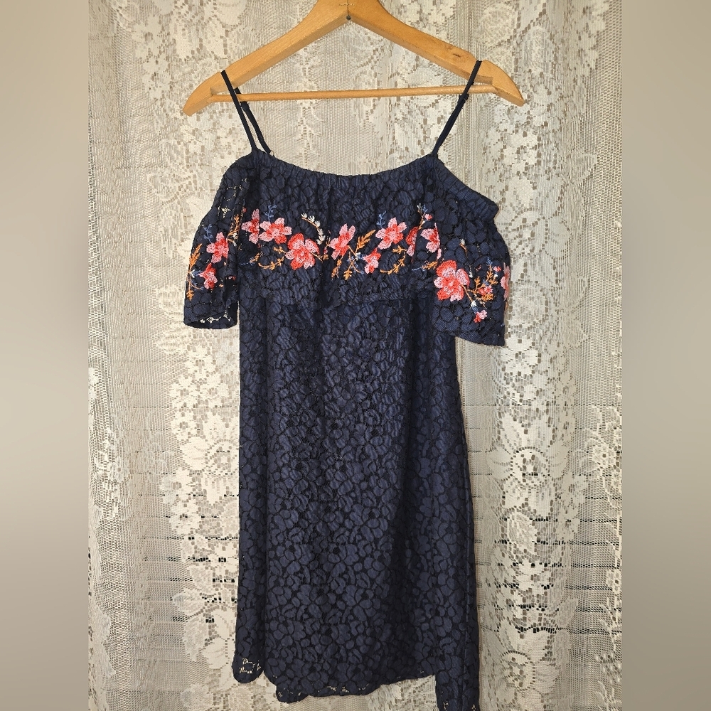 Blu Pepper Women's Medium Dress, Embroidered Summer Dress, Navy Blue Dress